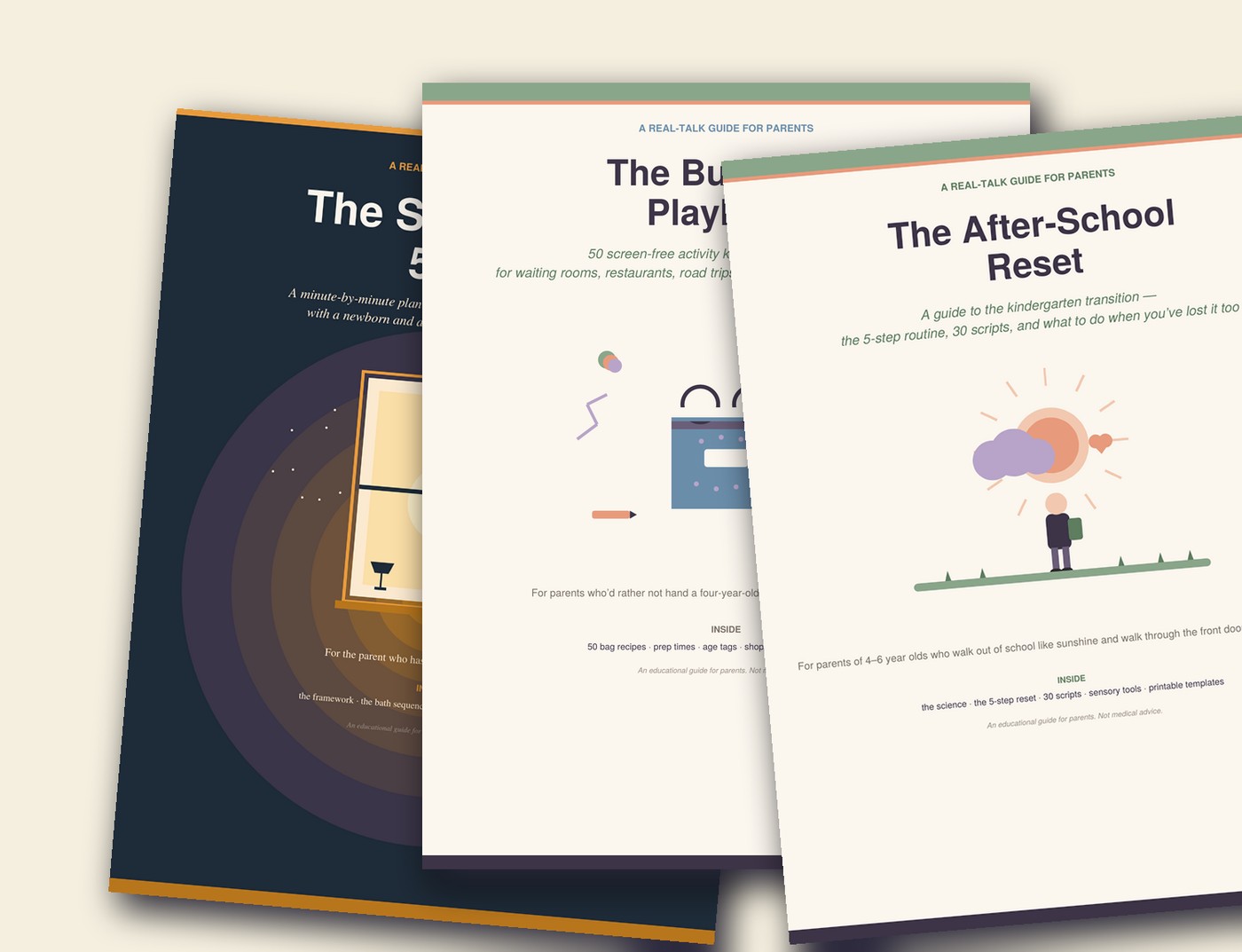 The three guides — After-School Reset, Busy Bag Playbook, Solo Parent 5-to-8 — shown together
